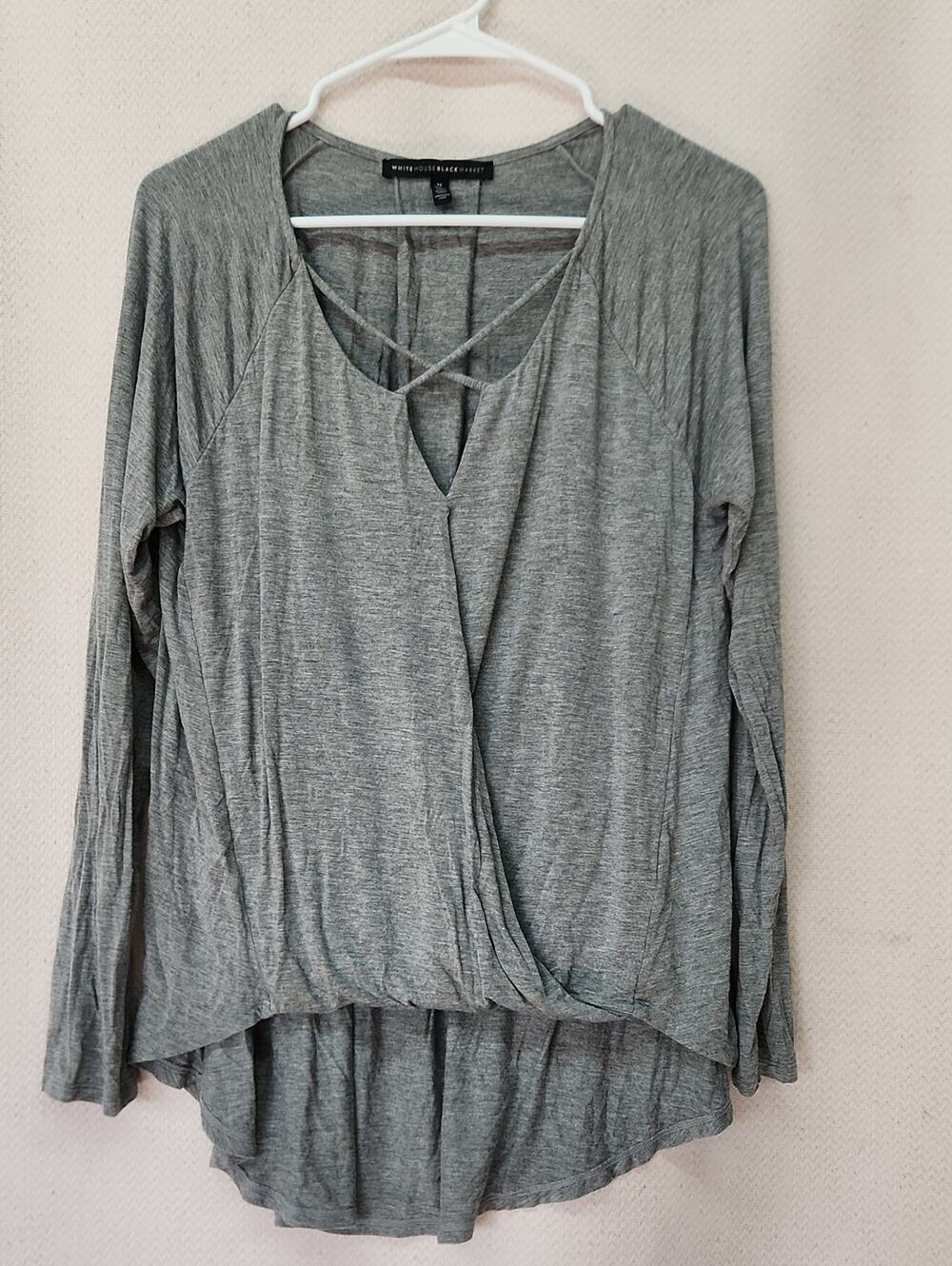 White House Black Market Gray Long Sleeve Crisscross Surplice Top